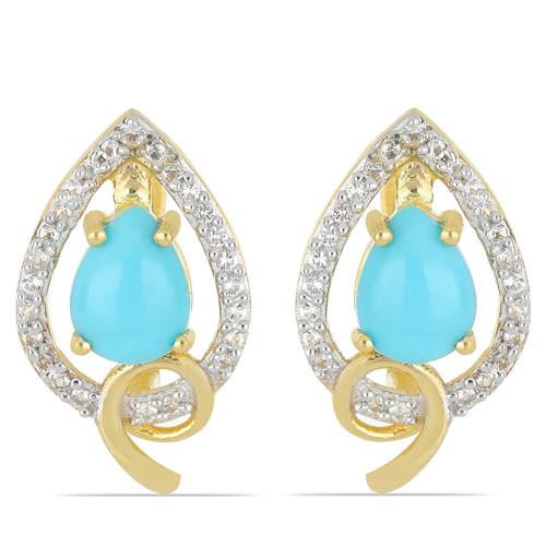 BUY 925 SILVER GOLD PLATED NATURAL BLUE TURQUOISE GEMSTONE HALO EARRINGS